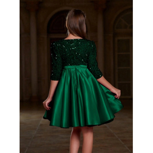 Generic Girl's Rayon Solid Round Neck Western Dress (Green)