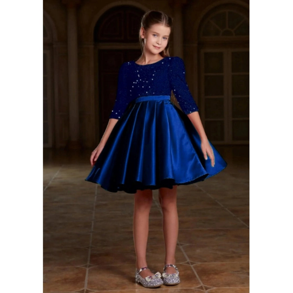 Generic Girl's Rayon Solid Round Neck Western Dress (Blue)