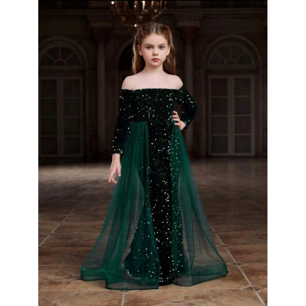 Generic Girl's Rayon Solid Off Sholder Western Dress (Green)
