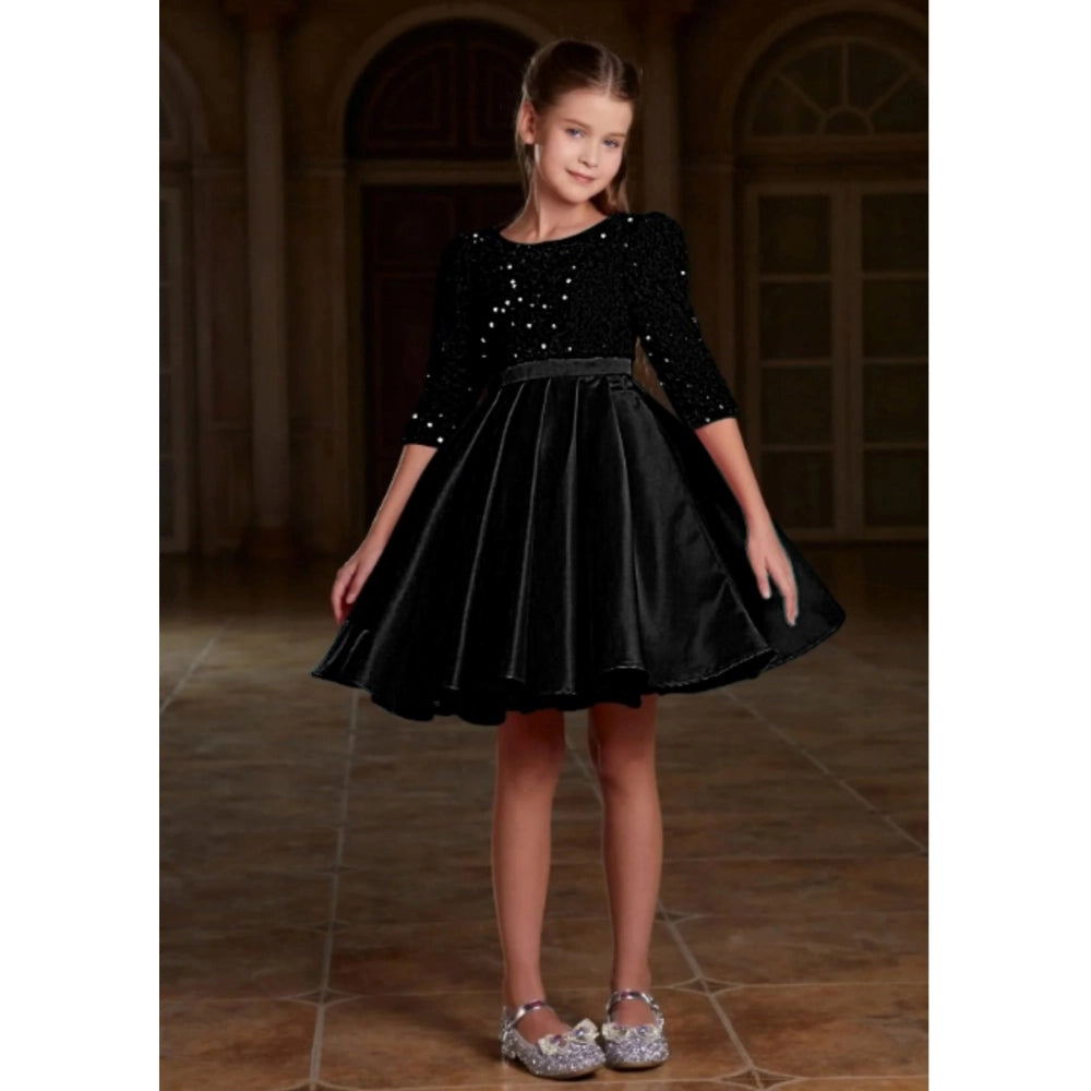 Generic Girl's Rayon Solid Round Neck Western Dress (Black)