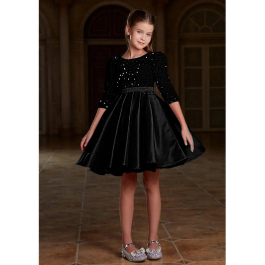 Generic Girl's Rayon Solid Round Neck Western Dress (Black)