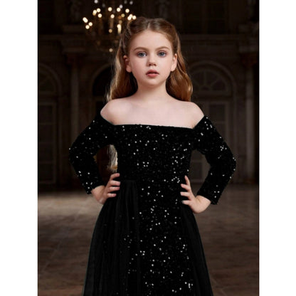 Generic Girl's Rayon Solid Off Sholder Western Dress (Black)