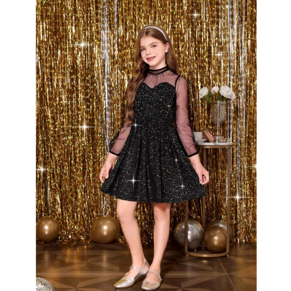 Generic Girl's Rayon Solid Round Neck Western Dress (Black)