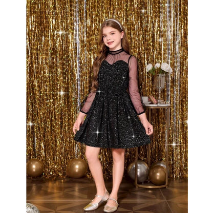 Generic Girl's Rayon Solid Round Neck Western Dress (Black)