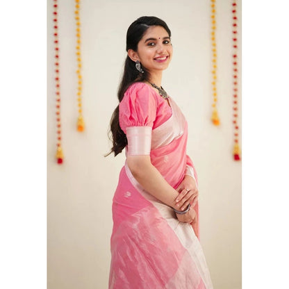 Generic Women's Cotton  Printed Saree With Unstitched Blouse 5.5Mtr (Pink)