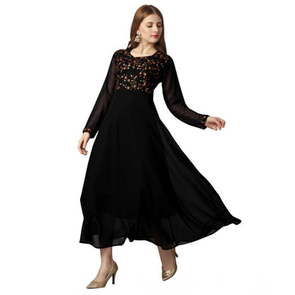 Generic Women's Georgette Embroidered Full Sleeve Round Neck Gown (Black)