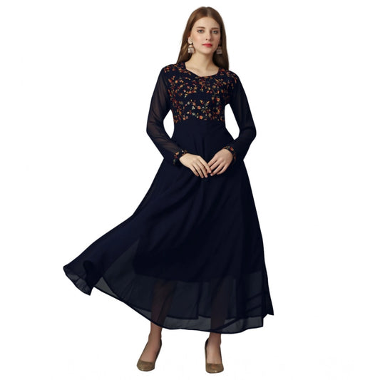 Generic Women's Georgette Embroidered Full Sleeve Round Neck Gown (Navy Blue )