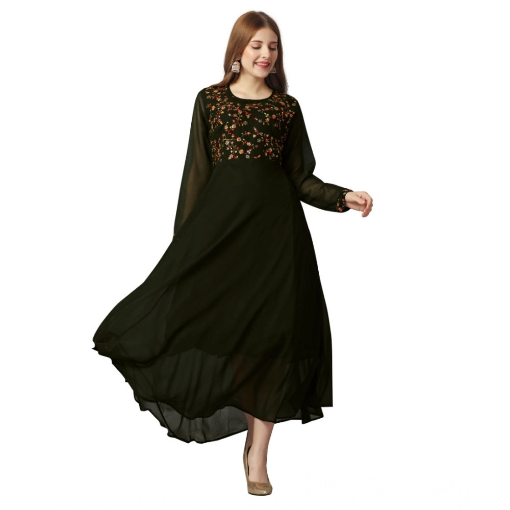 Generic Women's Georgette Embroidered Full Sleeve Round Neck Gown (Mehendi)