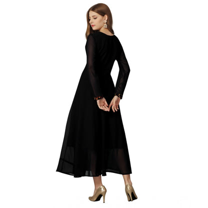 Generic Women's Georgette Embroidered Full Sleeve Round Neck Gown (Black)