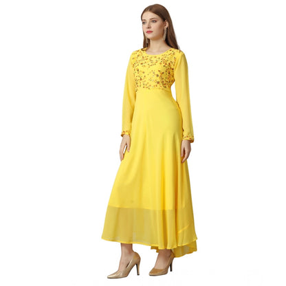 Generic Women's Georgette Embroidered Full Sleeve Round Neck Gown (Yellow )