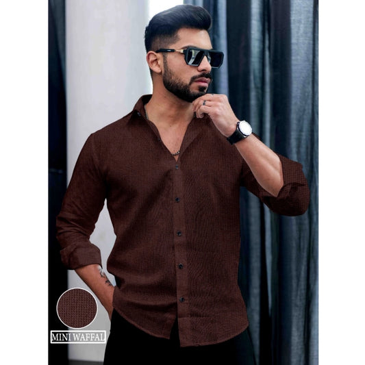Generic Men's Casual PollyCotton Self-design Full Sleeve Collar Shirt (Brown)