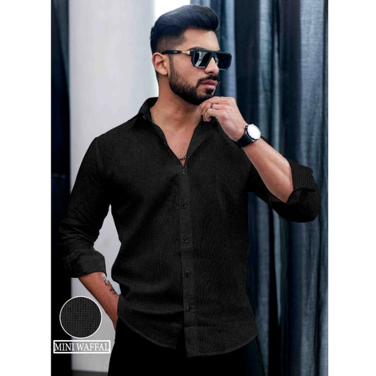 Generic Men's Casual PollyCotton Textured Full Sleeve Collar Shirt (Black)