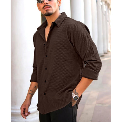 Generic Men's Casual Popcorn Self-design Full Sleeve Collar Shirt (Brown)