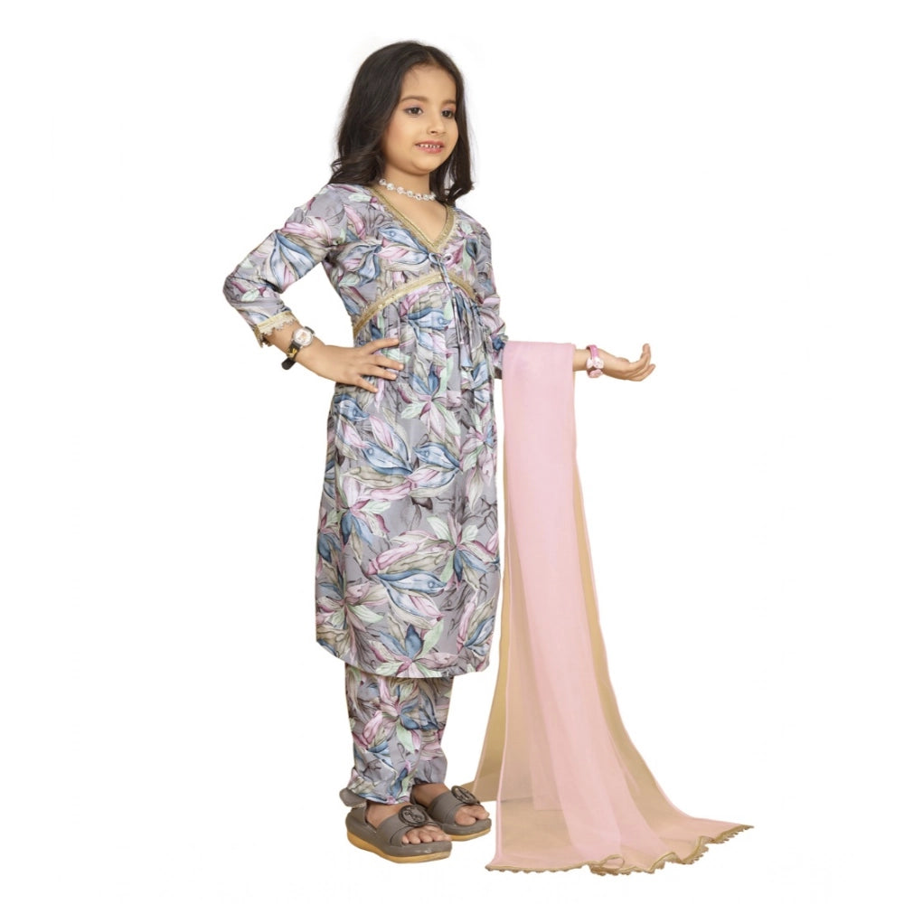 Generic Girl's Maslin Embrodrery Lace Aliya Cut Top With Bottom Dupatta Set (Grey)