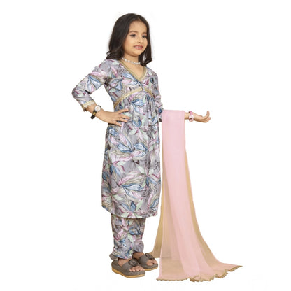 Generic Girl's Maslin Embrodrery Lace Aliya Cut Top With Bottom Dupatta Set (Grey)