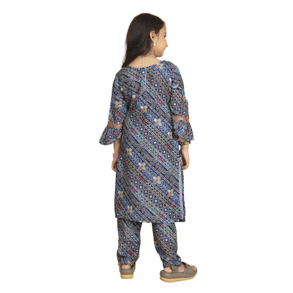 Generic Girl's Maslin Embrodrery Lace Aliya Cut Top With Bottom Dupatta Set (Blue)