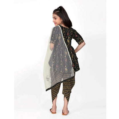 Generic Girl's Cotton Printed Kurtis With Dhoti Dupatta Set (Black)