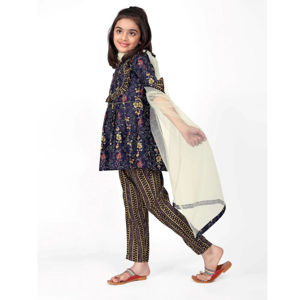 Generic Girl's Cotton Printed Kurti With Bottom Dupatta Set (Dark Blue)