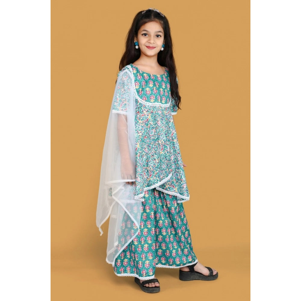 Generic Girl's Silk Blend Floral Prinded Shiffli Lace Top Sharara Dupatta Set (Teal)