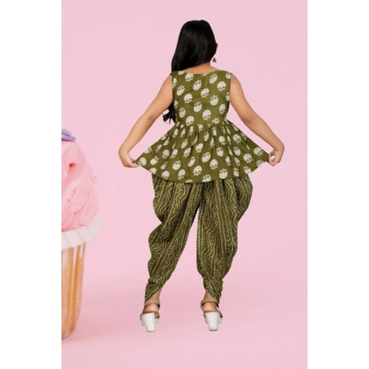 Generic Girl's Cotton Rayon Printed Top And Dhoti With Dupatta Set (Green)