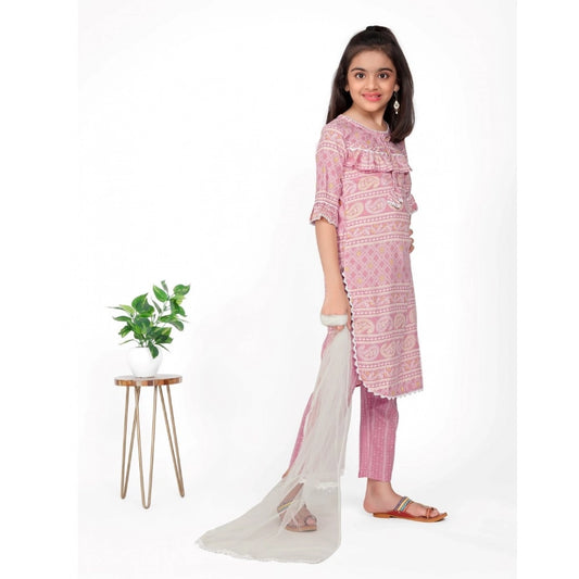 Generic Girl's Cotton Printed Kurtis With Bottom Dupatta Set (Baby Pink)