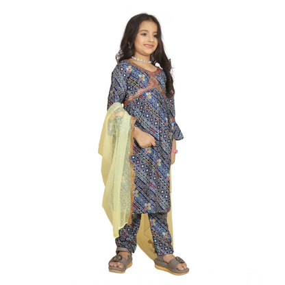 Generic Girl's Maslin Embrodrery Lace Aliya Cut Top With Bottom Dupatta Set (Blue)