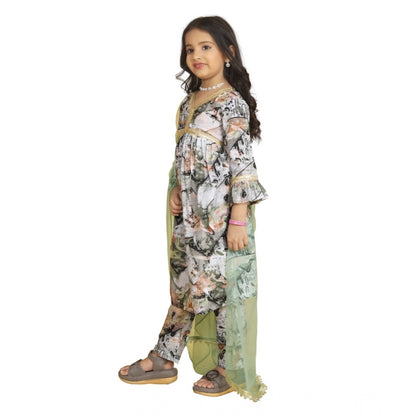 Generic Girl's Maslin Embrodrery Lace Aliya Cut Top With Bottom Dupatta Set (Green)