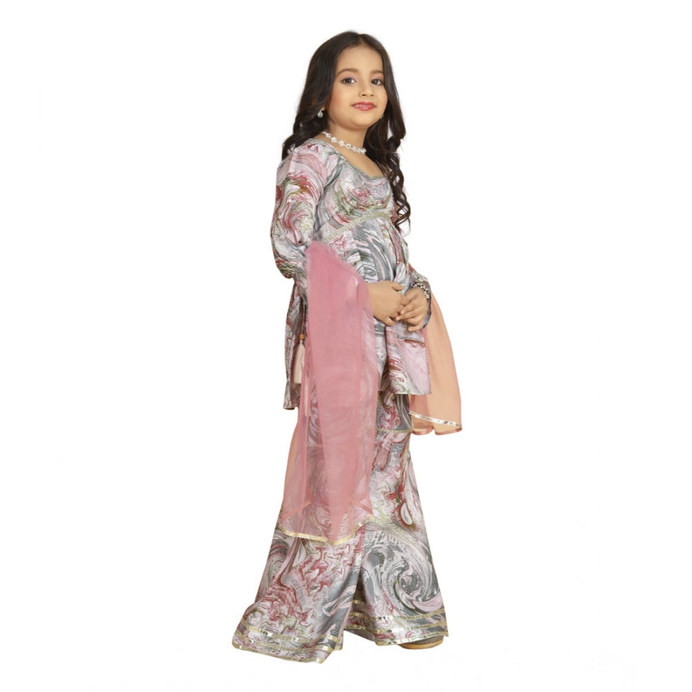 Generic Girl's Maslin Embrodrery Lace Aliya Cut Top With Sharara Dupatta Set (Pink)