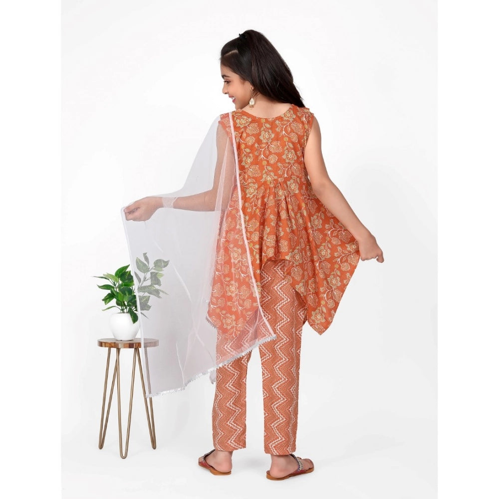 Generic Girl's Cotton Printed Kurti With Bottom Dupatta Set (Orange)