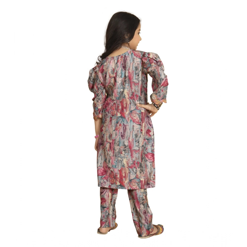 Generic Girl's Maslin Embrodrery Lace Aliya Cut Top With Bottom Dupatta Set (Multicolor)