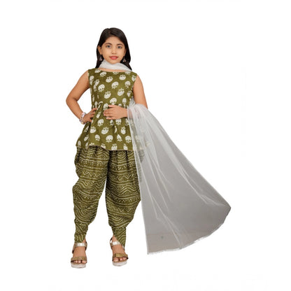 Generic Girl's Cotton Rayon Printed Top And Dhoti With Dupatta Set (Green)