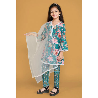 Generic Girl's Silk Blend Floral Prinded Shiffli Lace Salwar Kameez Dupatta Set (Teal)