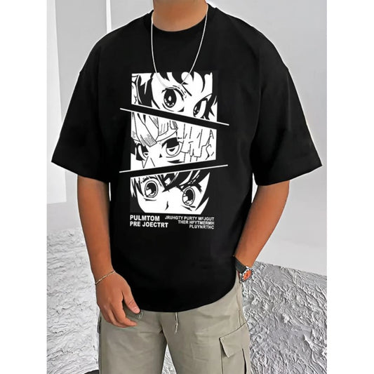 Generic Men's Casual Cotton Blend Printed Round Neck Half Sleeve T-Shirt (Black)