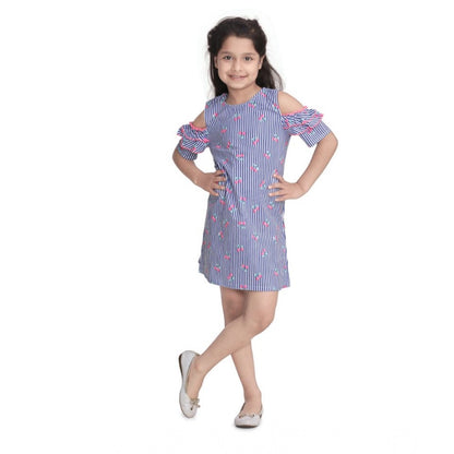 Generic Girl's Cotton Striped Cold Shoulder Round Neck Dress (Blue)