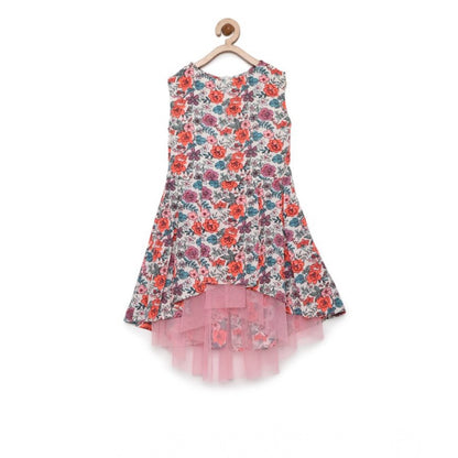 Generic Girl's Polyester Crepe Printed Sleeveless Round Neck Dress (Multicolor)