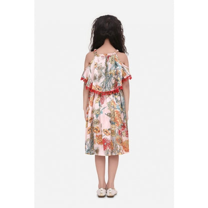Generic Girl's Satin Floral Printed Cold Shoulder Round Neck Dress (Peach)