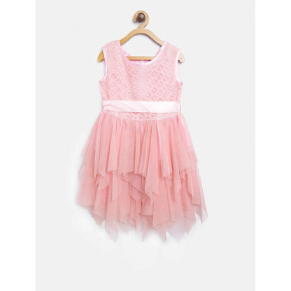 Generic Girl's Polyester  Net Embroidered Sleeveless Round Neck Dress (Peach)