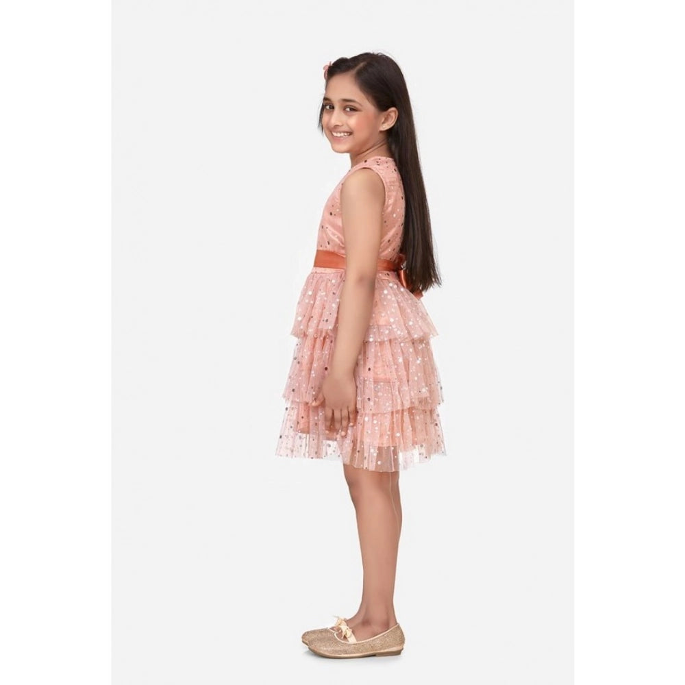 Generic Girl's Net Embellished Sleeveless Round Neck Dress (Beige)