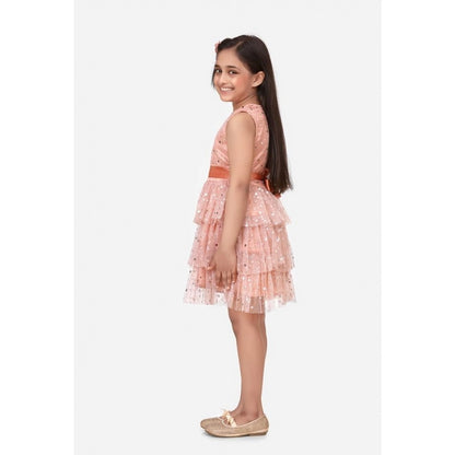 Generic Girl's Net Embellished Sleeveless Round Neck Dress (Beige)