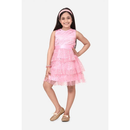 Generic Girl's Net Embellished Sleeveless Round Neck Dress (Pink)