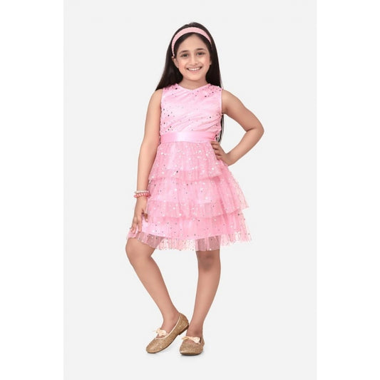 Generic Girl's Net Embellished Sleeveless Round Neck Dress (Pink)