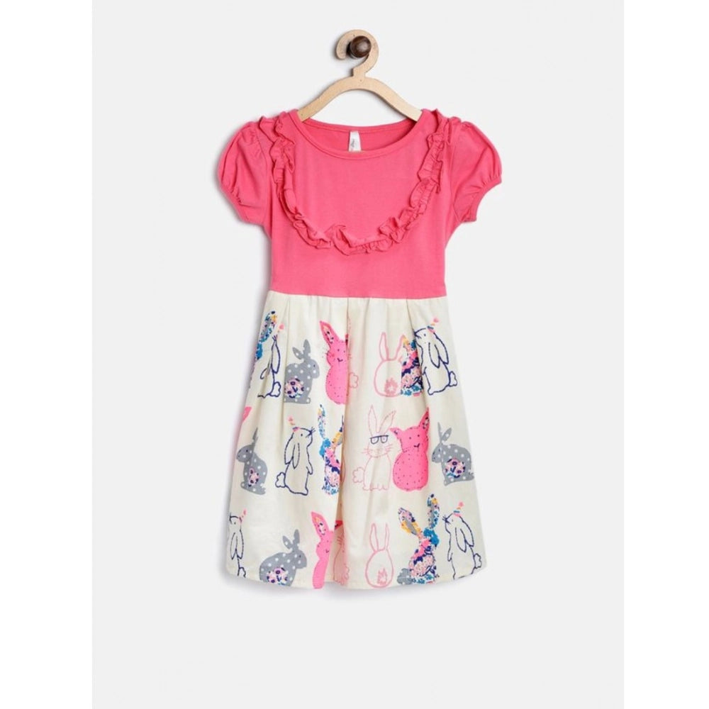 Generic Girl's Cotton Printed Short Sleeve Round Neck Dress (Pink-White)