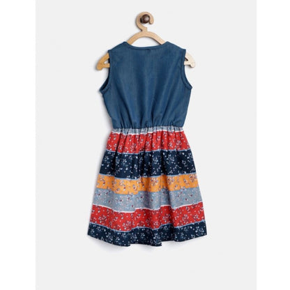 Generic Girl's Denim-Cotton Floral Printed Sleeveless Round Neck Dress (Multicolor)