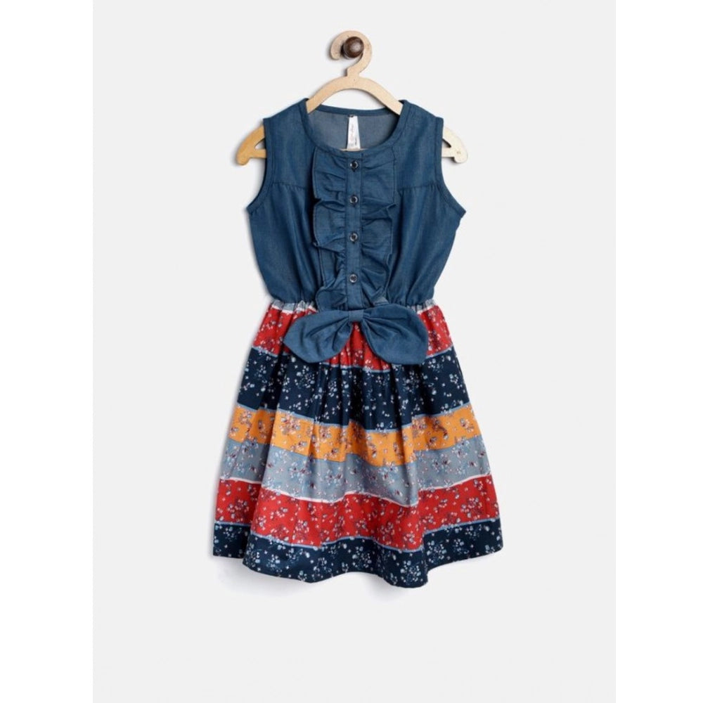 Generic Girl's Denim-Cotton Floral Printed Sleeveless Round Neck Dress (Multicolor)