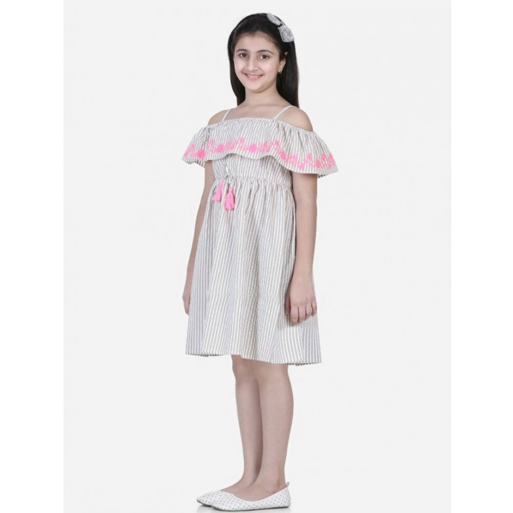 Generic Girl's Cotton Printed Sleeveless Shoulder Straps Dress (Beige-Pink)
