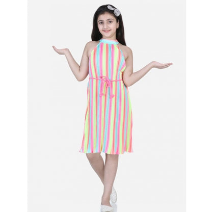 Generic Girl's Polyester Crepe Striped Sleeveless Round Neck Dress (Multicolor)