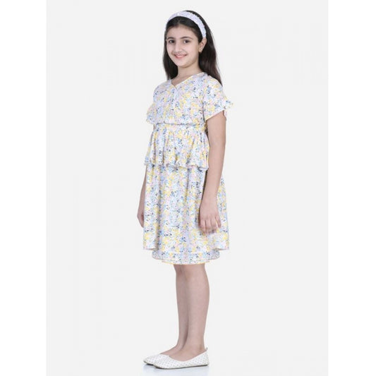 Generic Girl's Rayon Floral Printed Short Sleeve V-Neck Dress (Multicolor)