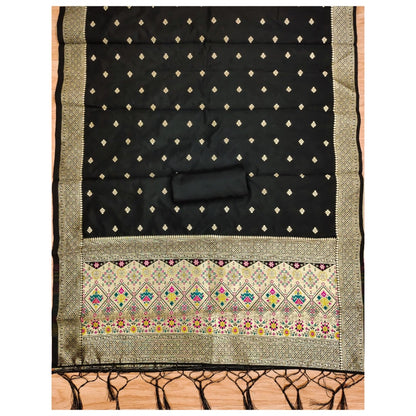 Generic Women's Banarasi Silk Printed Unstitched Salwar Suit Material With Dupatta (Black, 3Mtrs)