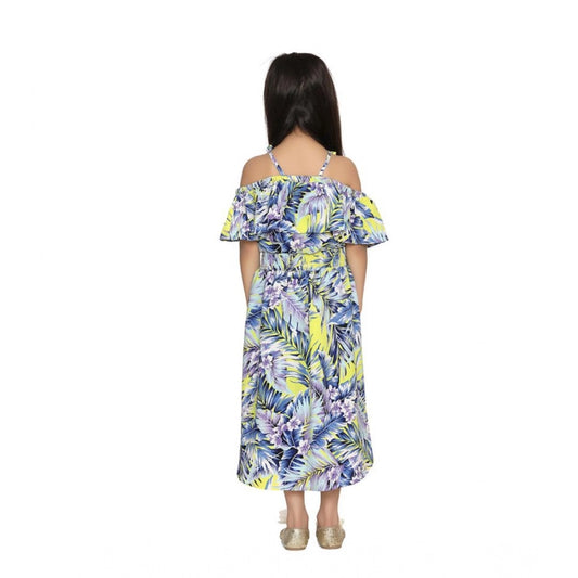 Generic Girl's Polyester Moss Printed Off Shoulder Straps Dress (Blue)