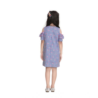 Generic Girl's Cotton Striped Cold Shoulder Round Neck Dress (Blue)
